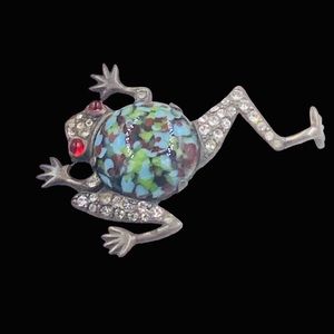 Mazer Sterling Art Glass Belly and Rhinestone Leaping Frog Brooch